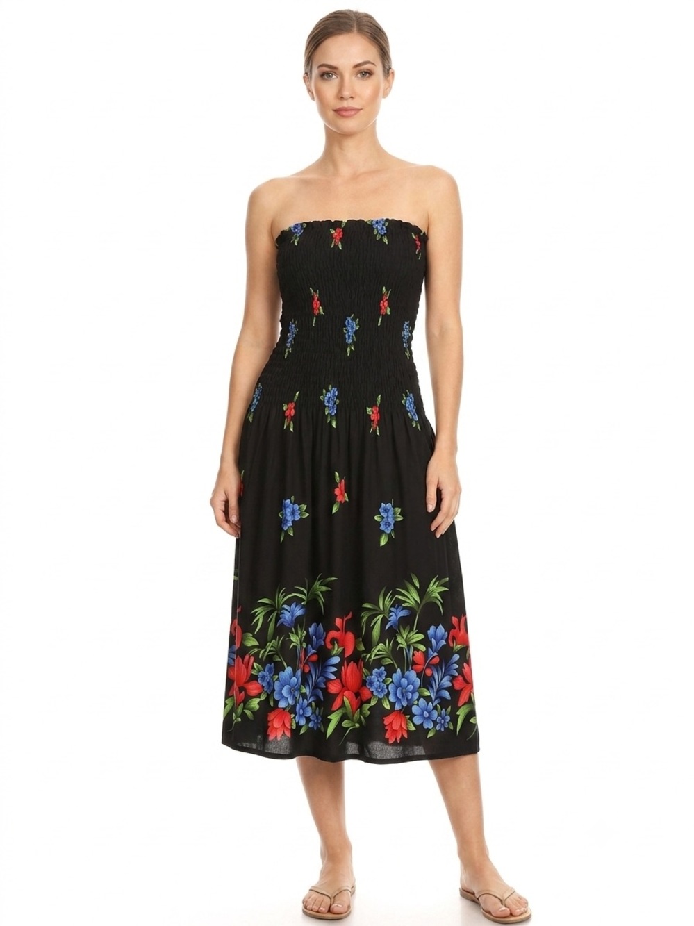 Strapless Black Floral Midi Dress with Smocked Bodice